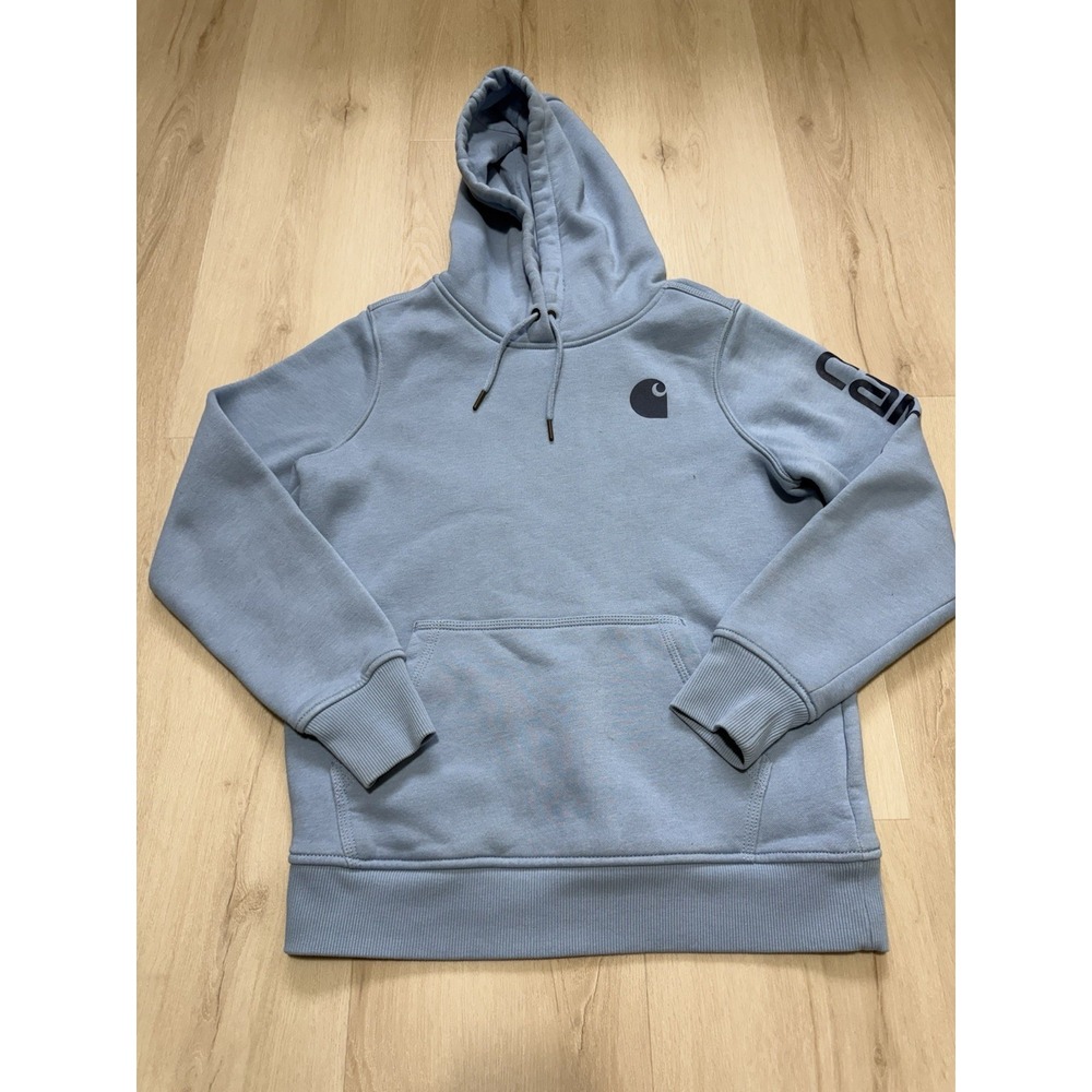 Carhartt Light Blue Women's Pullover Sweatshirt Size Small Logo Pockets Hoodie